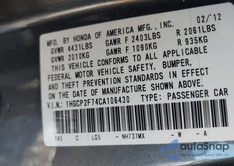 2012 Honda Accord 2.4 Ex from USA, damaged, VIN 1HGCP2F74CA106430